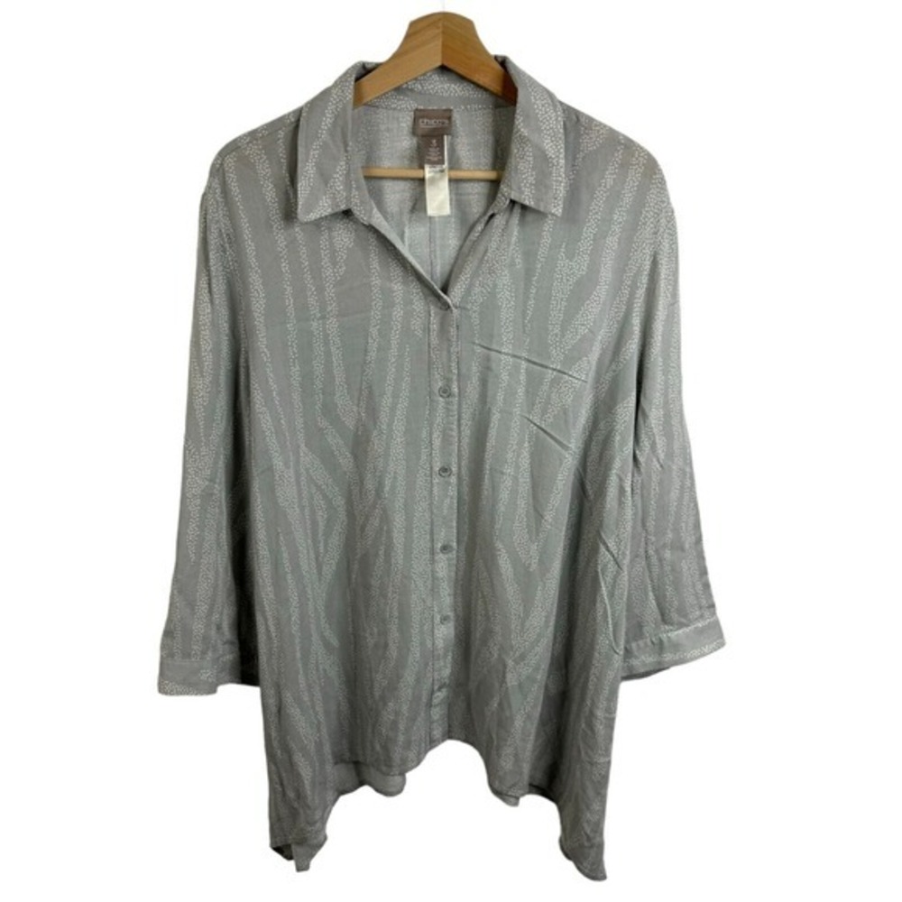Chico's Shirt Blouse‎ Women Sz 3 100% Rayon no-iron Long sleeve Gray lagenlook